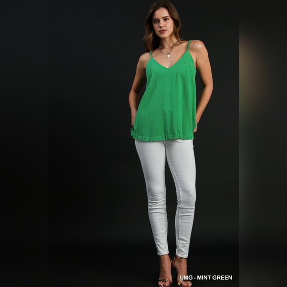 Cute Linen Blend V-Neck Tank Top w Ruffle Hem & Adjustable Spaghetti Straps - Picture 4 of 12